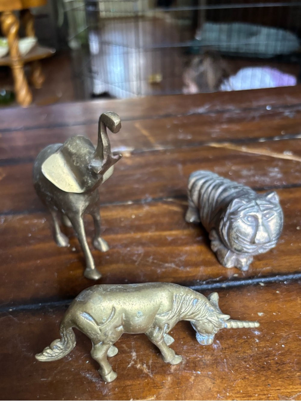 Brass Animal Figurine Set - Unicorn, Elephant & Tiger - Metallic Gold Tone